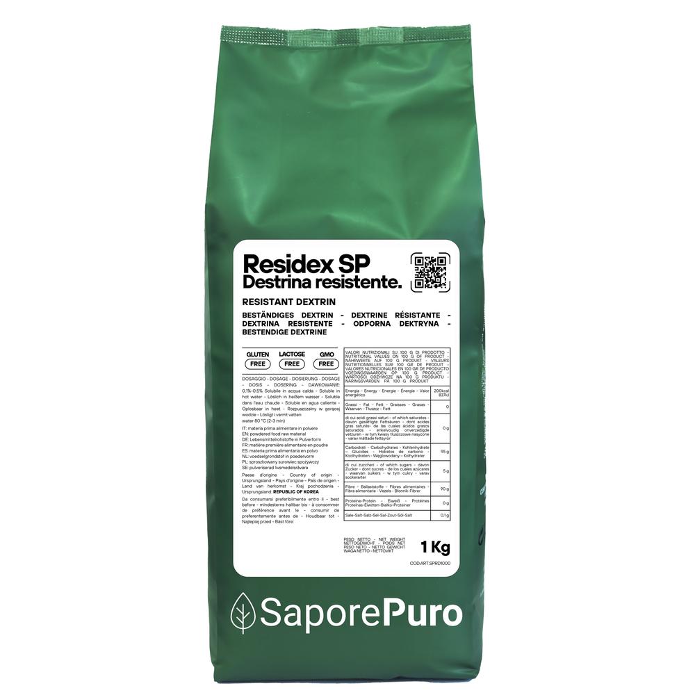 Amido resistente ResiDex SP di SaporePuro, confezione da 1000g, polvere di destrina resistente a base di mais per alimenti.